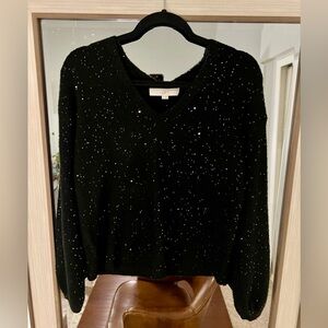 Loft Sequin Double V Sweater Size XS Black Sparkles Holiday Sweater New Years